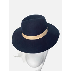 NWT Hat Attack Womens 100% Wool Felt Brimmed Fedora Leather Trim Navy Blue Hat